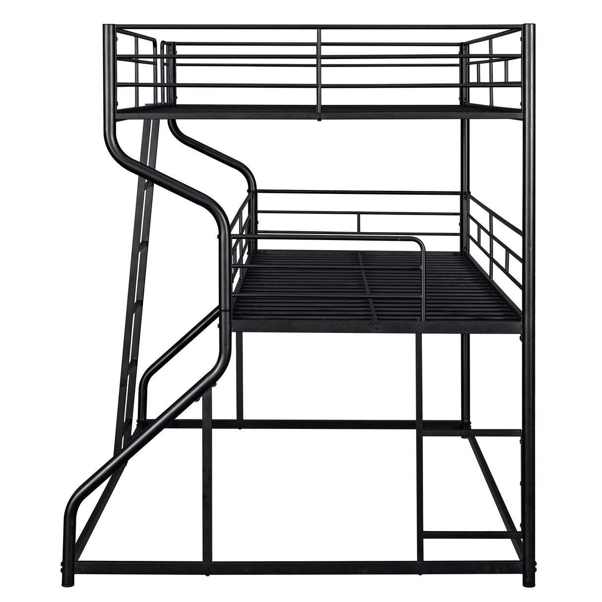 JIJIWANG Full XL Over Twin XL Over Queen Size Triple Bunk Bed with Long and Short Ladder, Unique Curved Metal Frame with Safety Guardrail, Industrial Style Triple Bunk Bed Frame, Black JIJIWANG
