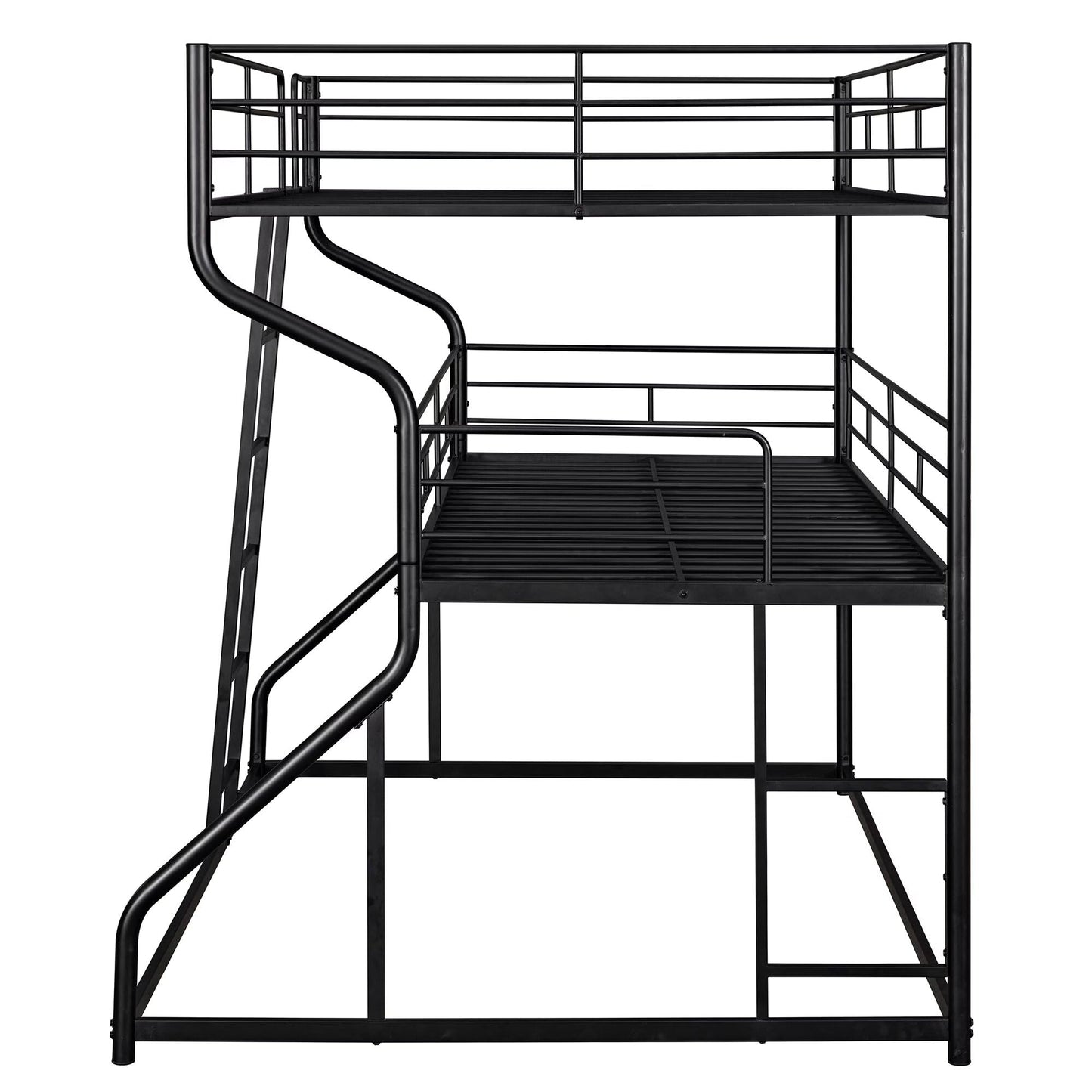 JIJIWANG Full XL Over Twin XL Over Queen Size Triple Bunk Bed with Long and Short Ladder, Unique Curved Metal Frame with Safety Guardrail, Industrial Style Triple Bunk Bed Frame, Black