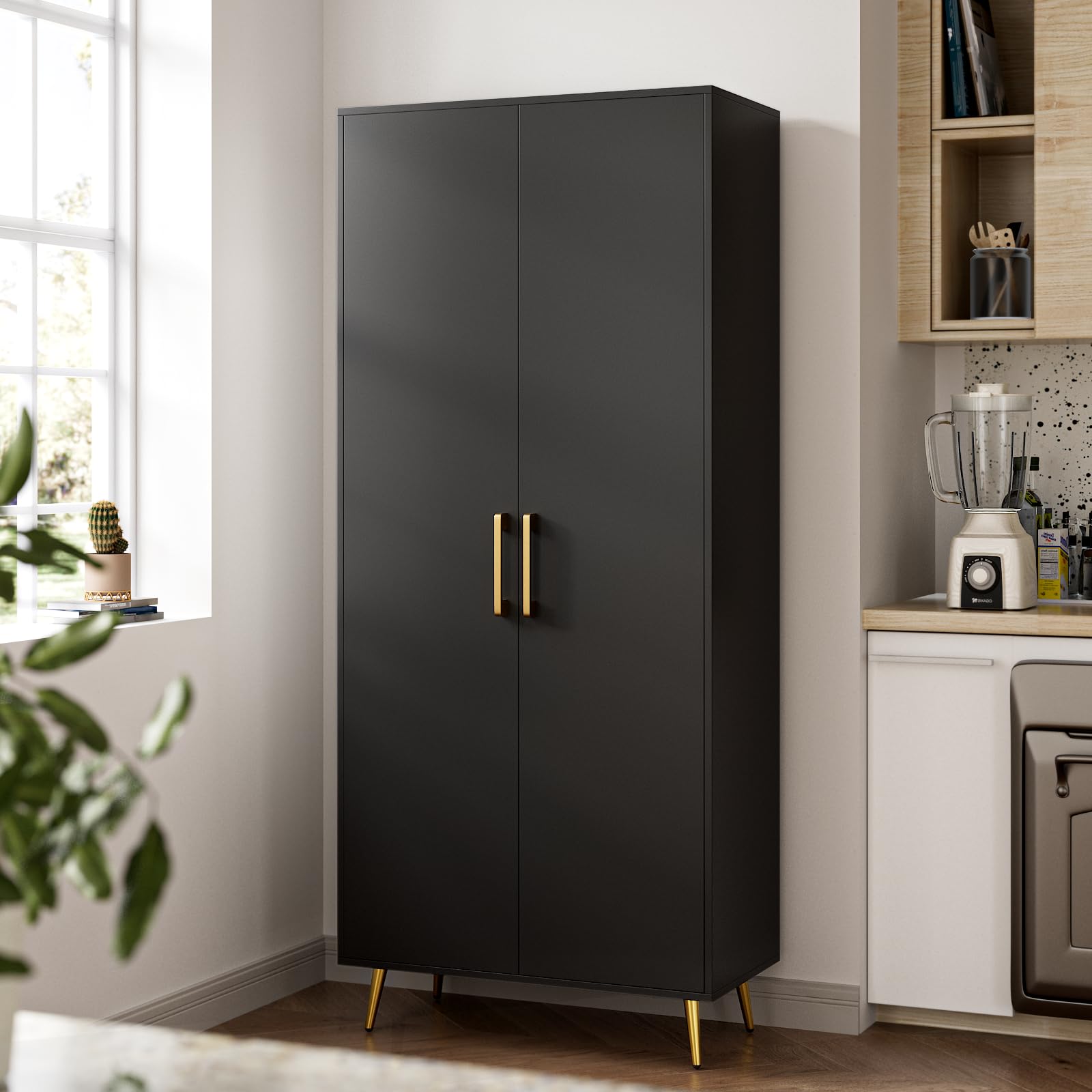 NOVAMAISON 69” Tall Storage Cabinet - Black Storage Cabinet w/ 2 Doors and Adjustable Shelves, Freestanding Kitchen Pantry w/Gold Handles and Legs, Wooden Wardrobe Cabinet for Bedroom, Laundr - WoodArtSupply