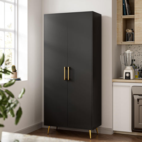 NOVAMAISON 69” Tall Storage Cabinet - Black Storage Cabinet w/ 2 Doors and Adjustable Shelves, Freestanding Kitchen Pantry w/Gold Handles and Legs, Wooden Wardrobe Cabinet for Bedroom, Laundry NOVAMAISON