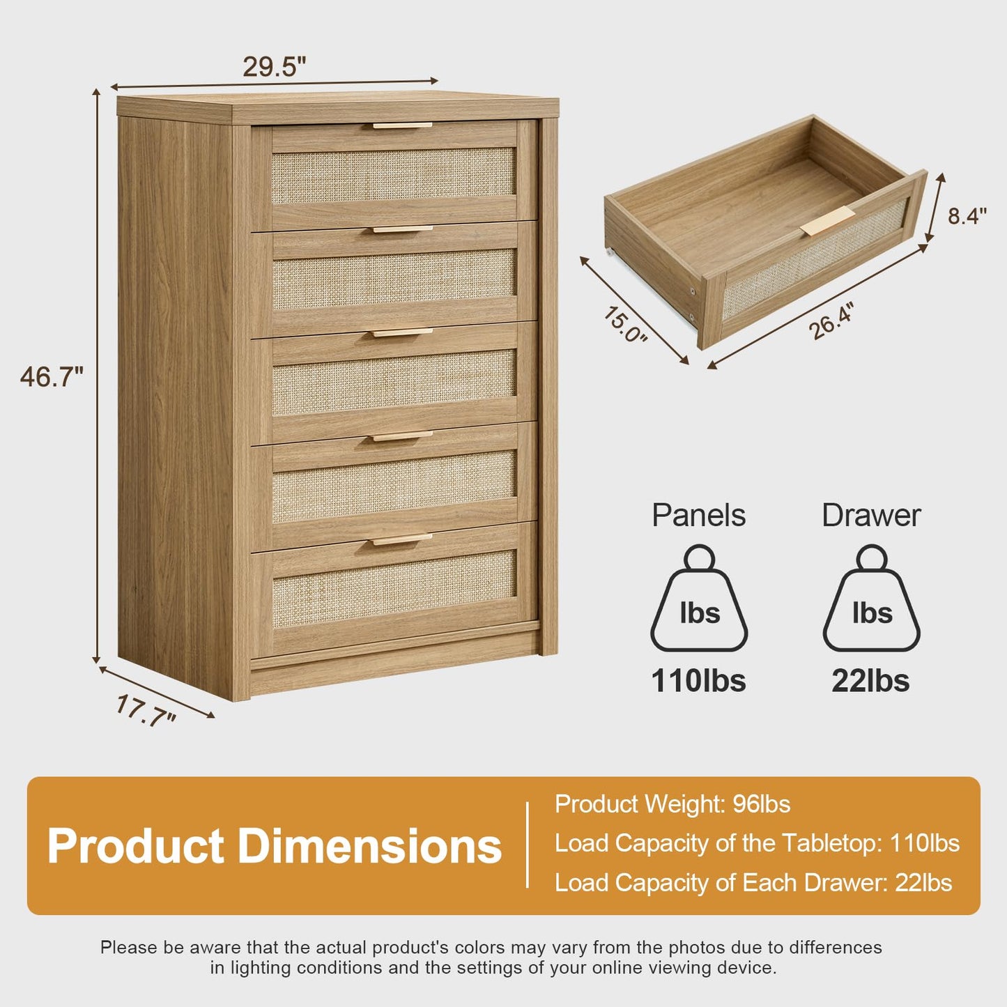 Tall Dresser for Bedroom with 5 Rattan Drawers, Modern Storage Cane Cabinet, Boho Wooden Closet Dressers Chest of Drawers for Living Room Hallway Nursery Entryway, 17.7"D x 29.5"W x 46.7"H - WoodArtSupply