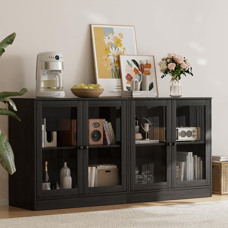 TUSY 4-Piece Large TV Stand with Bookshelves for TVs up to 75", TV Entertainment Center Media Center with Tempered Glass Doors and Shelves, TV Hutch for Living Room (Black) TUSY