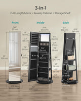 SONGMICS 6 LEDs Lockable Mirror Jewelry Cabinet, 360° Swivel Jewelry Organizer, Standing Jewelry Armoire, Frameless Full-Length Mirror, 3 Storage Shelves, Black Surface, Black Lining UJJC007B01 SONGMICS