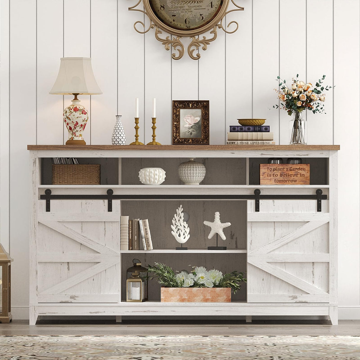 Lifewit Farmhouse TV Stand for up to 65" TV, 33.4" Tall Entertainment Center with Ajustable Shelves, Sliding Barn Door and Open Storage Spaces, TV Console for Living Room, Bedroom， Rustic White Lifewit