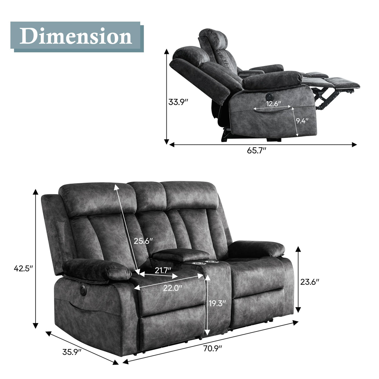 GUEAPY Reclining Loveseat-Power Reclining Loveseat with Console,Double Recliner Loveseat with Heat and Massage,Electric Loveseat Recliner with Cup Holders,USB & Type-C Charge Ports for Living Room,RV GUEAPY