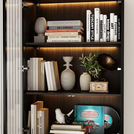 FAMAPY Display Cabinet with Glass Doors & Lights, Display Case with 3-Tier Shelves & 3 Drawers, for Curio Trophy Living Room Home Office, Brown, 15.7”D x 31.5”W x 78.7”H FAMAPY