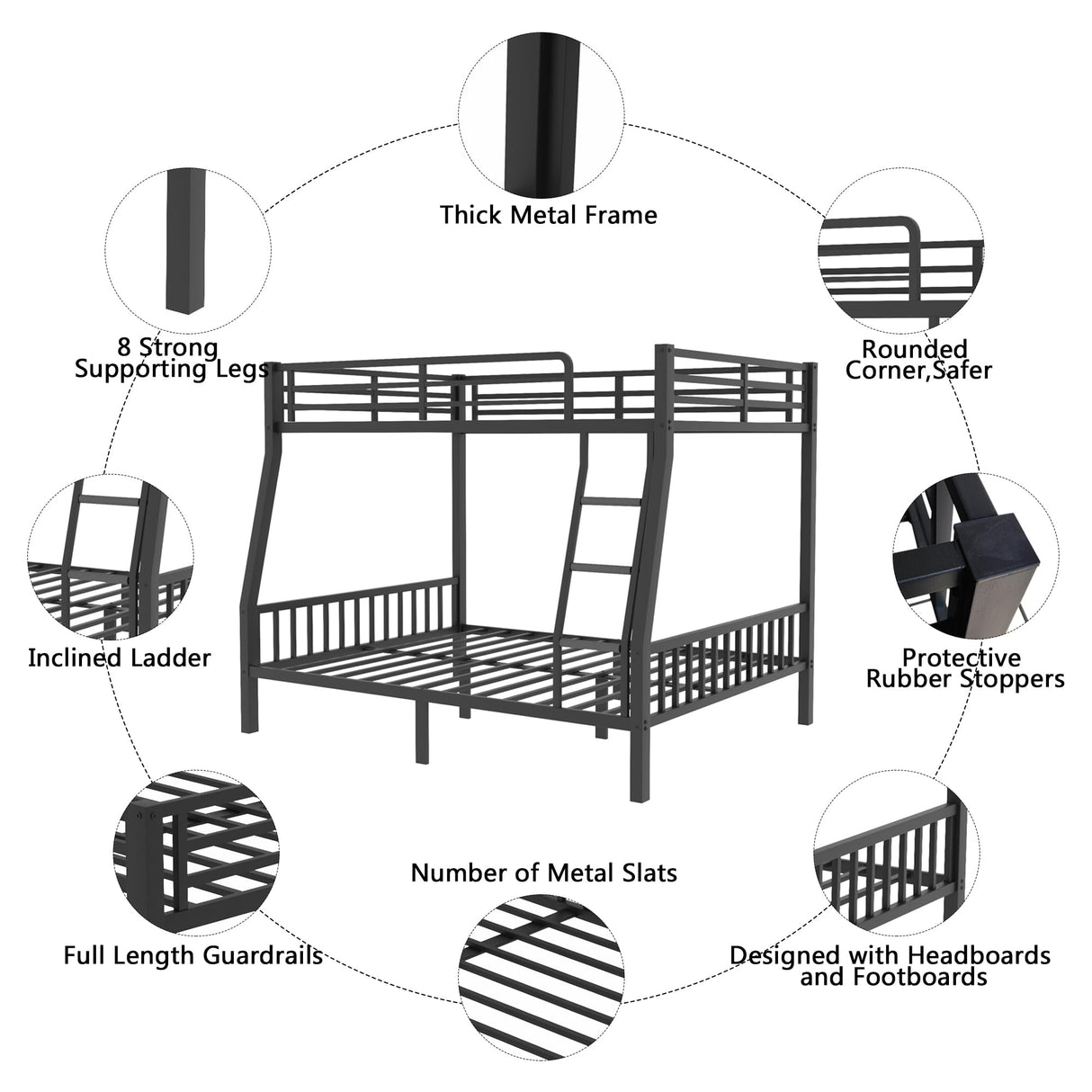 mikibama Full XL Over Queen Bunk,Metal Heavy Duty Bunk Beds for Adults,Queen Bunk Bed with Inclined Ladder,Industrial Bunkbeds for Kids,Adult,Small Spaces,Space Saving. (Black, Full XL Over Queen) mikibama