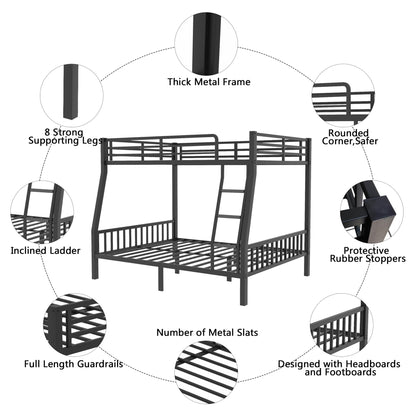 mikibama Full XL Over Queen Bunk,Metal Heavy Duty Bunk Beds for Adults,Queen Bunk Bed with Inclined Ladder,Industrial Bunkbeds for Kids,Adult,Small Spaces,Space Saving. (Black, Full XL Over Queen)