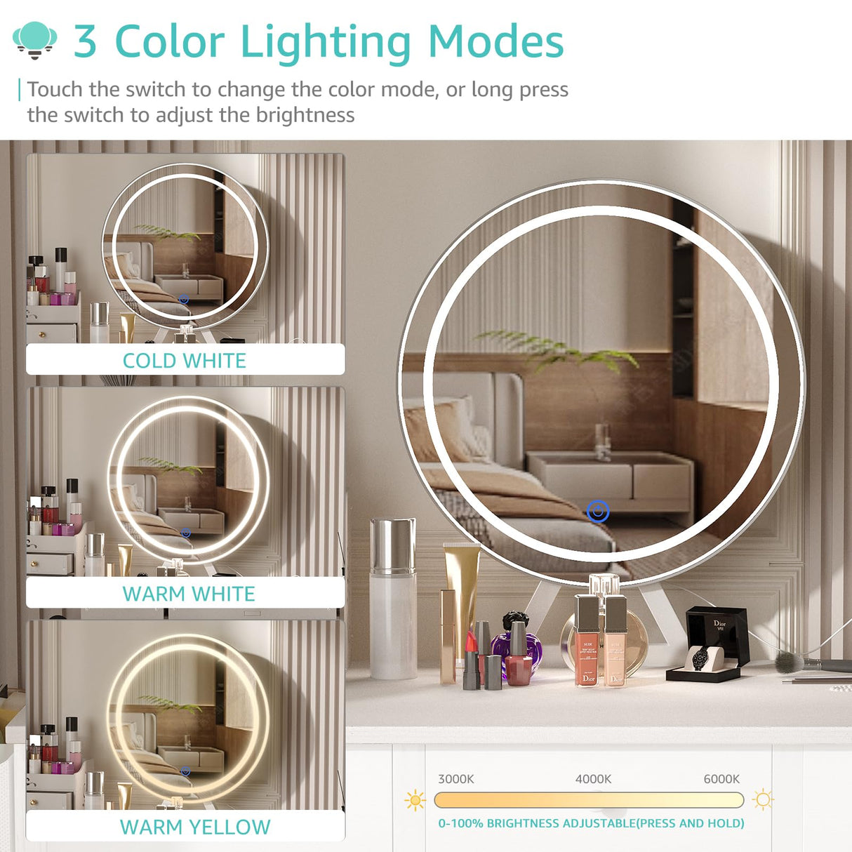 Lufeiya White Makeup Vanity Desk with Mirror and Lights, 40 inch Make Up Vanity Desks with Fabric Drawers & Power Outlet, Dressing Table and Chair Set for Girls Bedroom, White Lufeiya