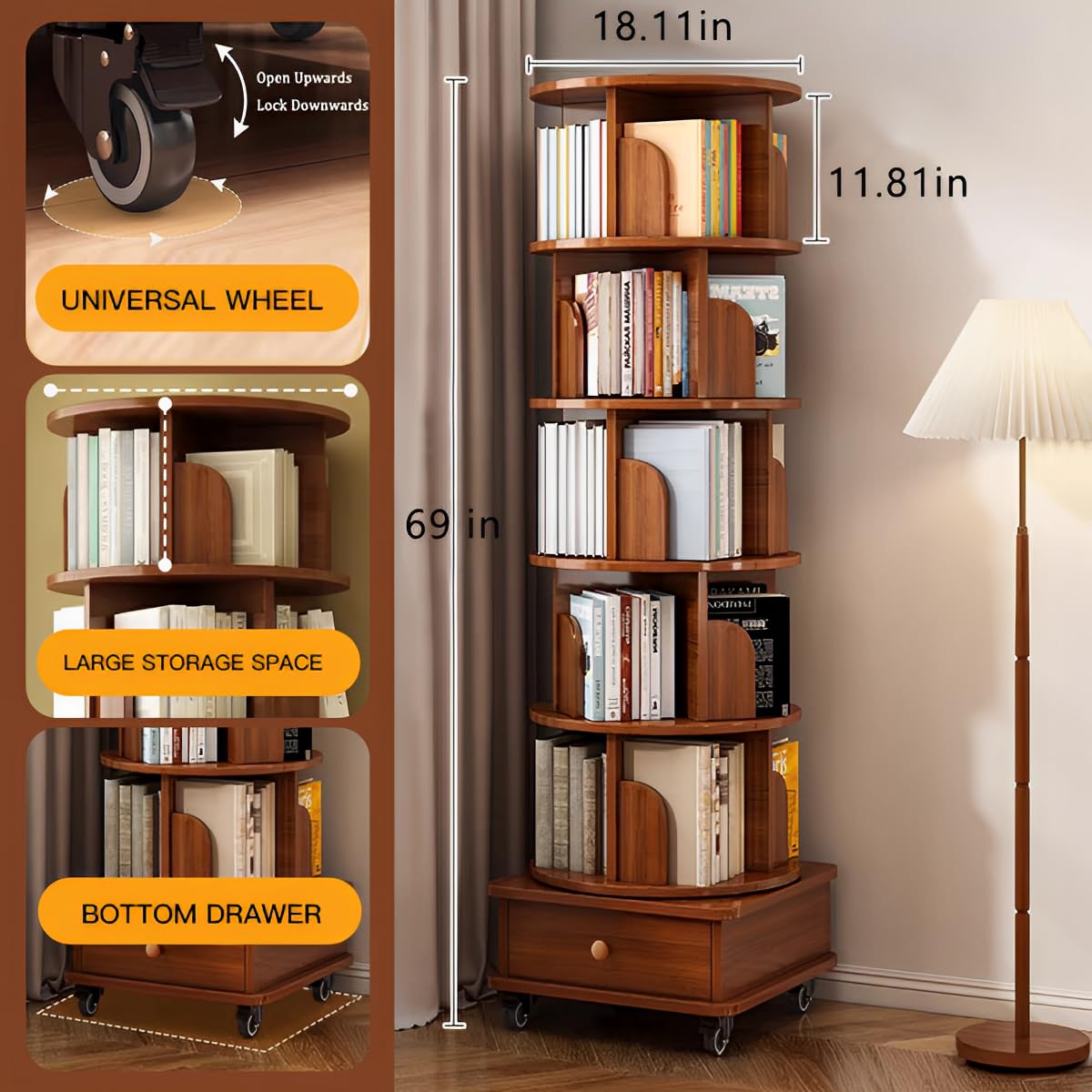 Rotating Bookshelf 6 Tier, 360° Spinning Bookshelf Tower with Lockable Wheels, Corner Shelf for Small Spaces, Kids Room, Living Room, Bedroom, Office Storage Solution, Walnut Revolving Bookcase VireoNest