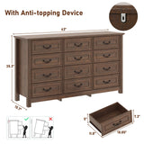 chartustriable Farmhouse 12 Drawer Dresser for Bedroom, 63” Wood Dresser & Chest of Drawers with Rustic Handles, Wide Closet Dresser Organizer, Living Room, Hallway, Bedroom Furniture, Rustic Brown chartustriable