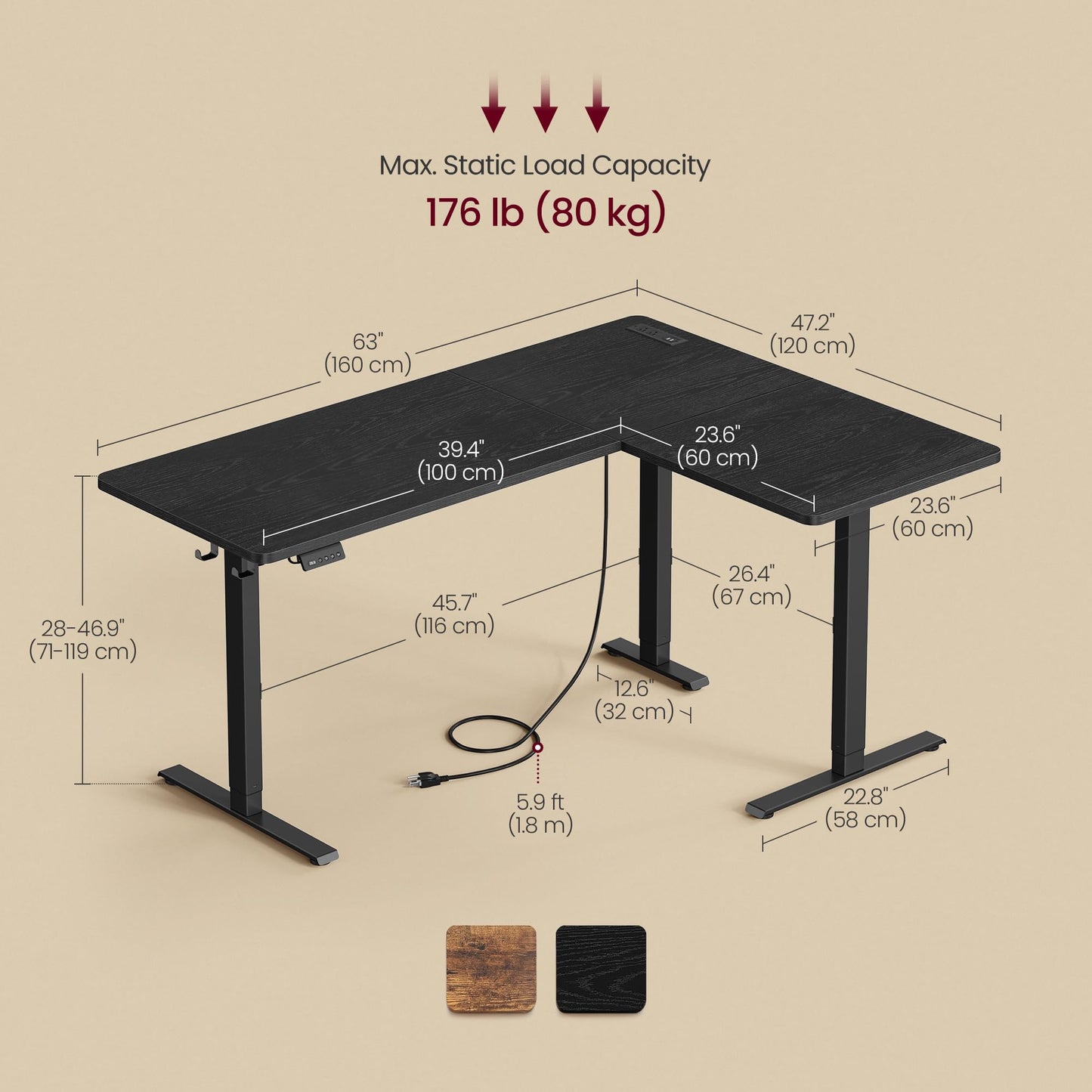 VASAGLE L Shaped Electric Standing Desk, 63 x 47.2 Inches, Height Adjustable Corner Desk with Power Outlets, 2 Memory Buttons, Easy to Assemble, for Home Office, Ink Black ULSD242B01