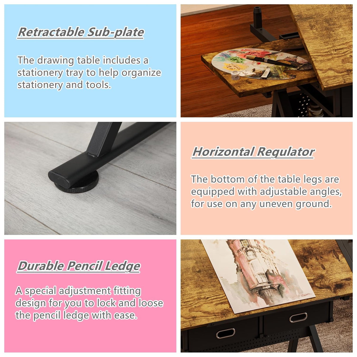 Roockky Adjustable Drafting Table, Multi-Functional Tilting Drawing Desk with Stool, Wood Painting Table Artist Desk for Home Office School, Brown-B Roockky