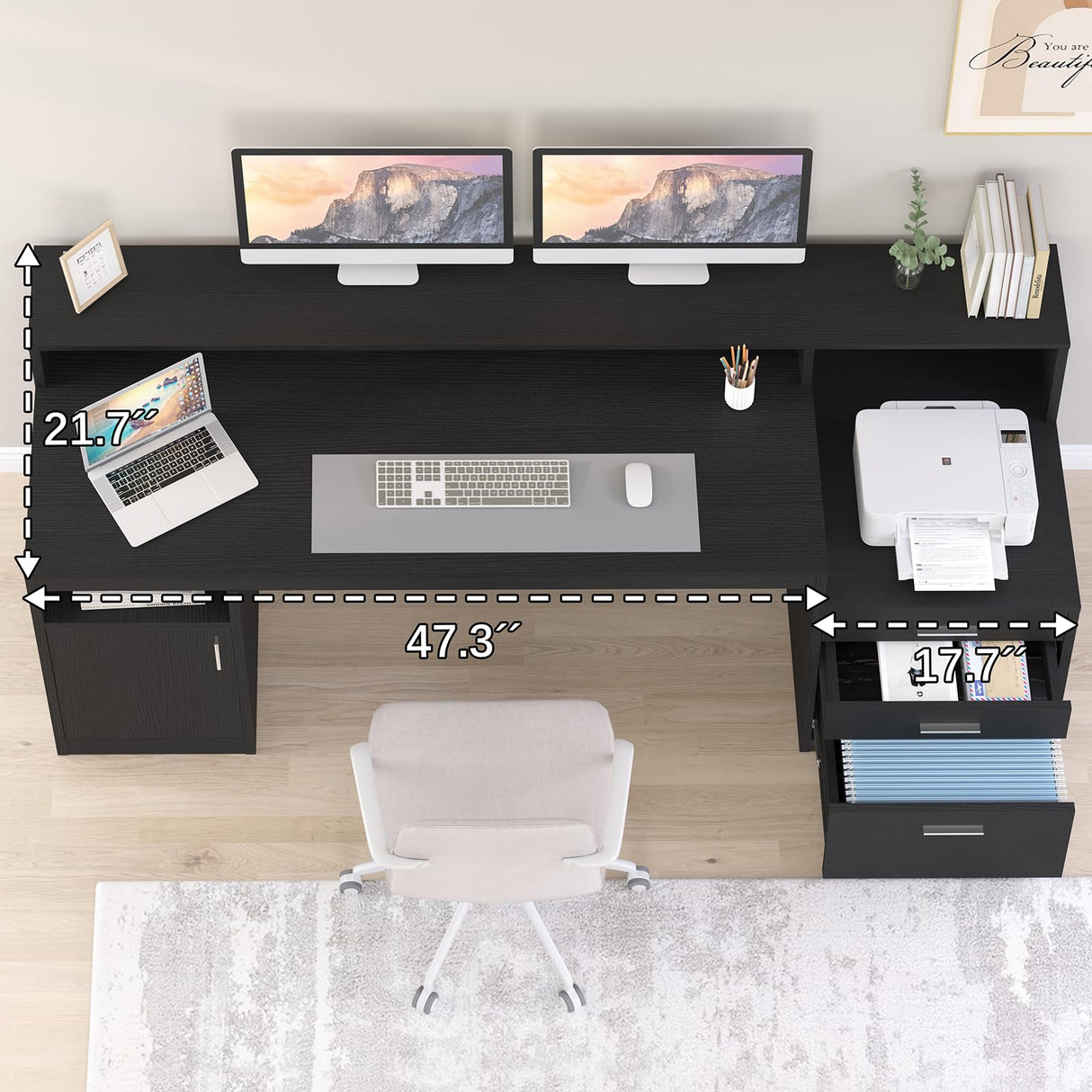 YOMILUVE Computer Desk with 3 Drawer & Storage Shelves, Home Office Desk with File Drawer & Cabinet, Writing Study Table with Long Monitor Stand & Printer Shelf, Executive Desk, Black YOMILUVE