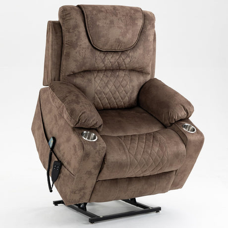 Recliner Lift Chairs for Elderly, 180 Degrees Lay Flat Recliner Chair with Heat and Massage and Cup Holder for Adults 400 lb Capacity (Brown Velvet) LITVZ