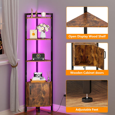 Furnulem Corner Shelf, Narrow Corner Bookshelf LED,5-Tier Corner Cabinet with Storage, 62.8” Standing Display Shelf for Bedroom, Living Room, Kitchen, Wood Display Shelf (Rustic Brown) Furnulem