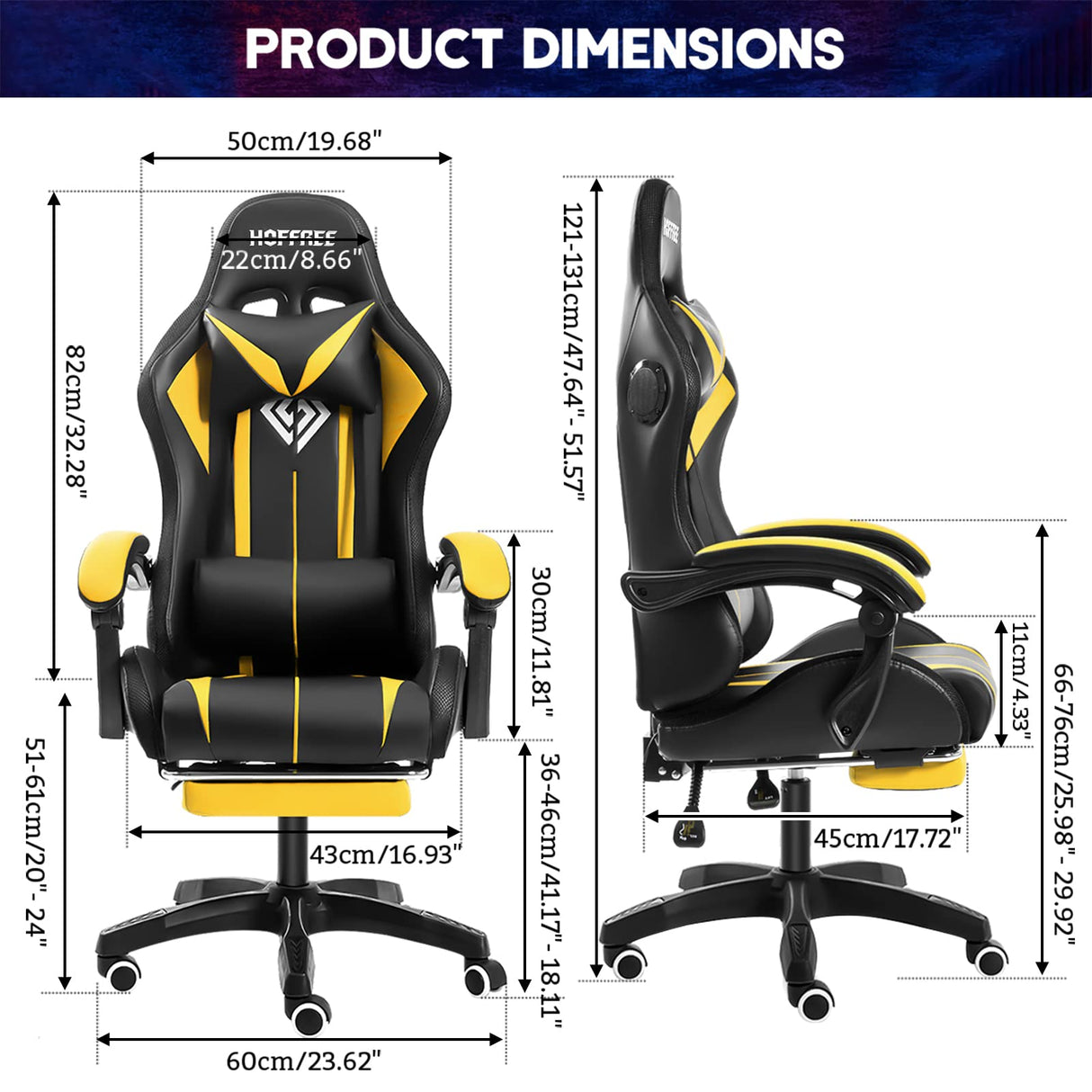 Gaming Chair with Bluetooth Speakers and LED RGB Lights Ergonomic Massage Computer Gaming Chair with Footrest High Back Music Video Game Chair with Lumbar Support Yellow and Black VANSPACE