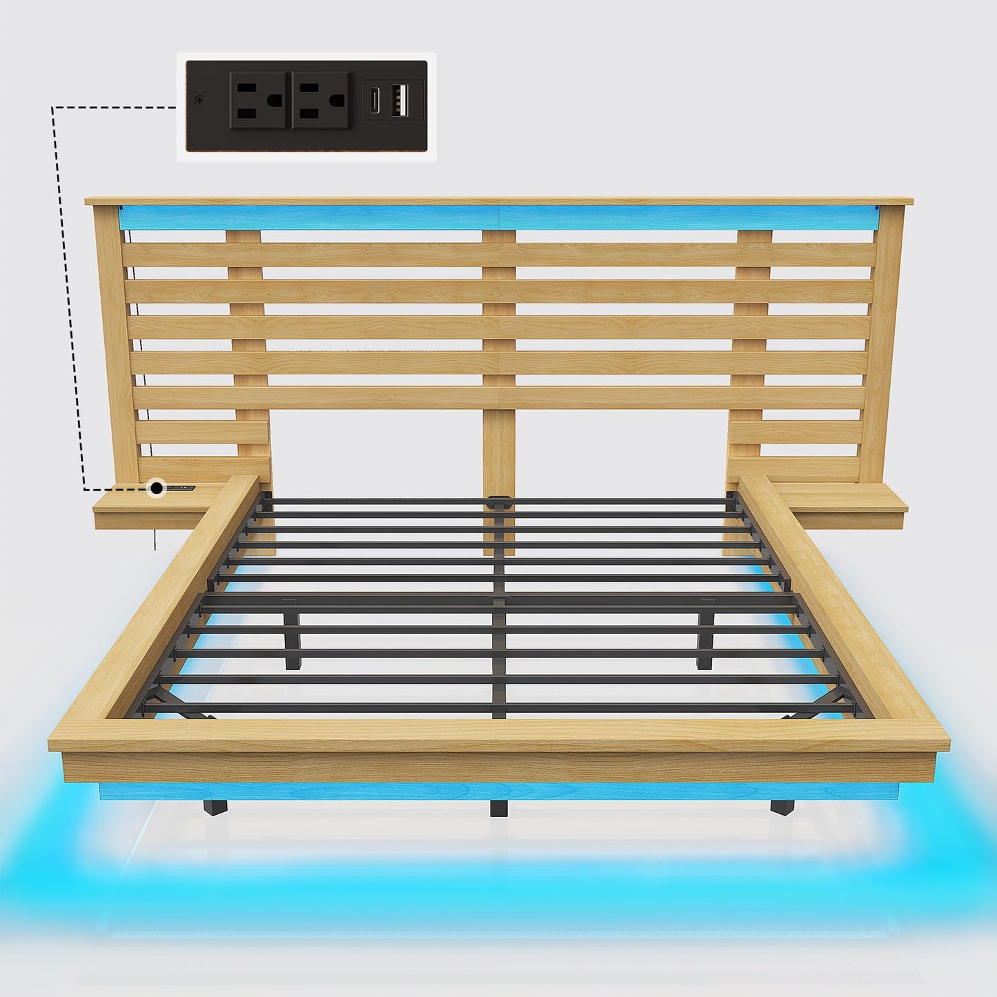 LUXOAK Maple Yellow Farmhouse Full Floating Bed Frame with LED Lighting & Charging Station - WoodArtSupply