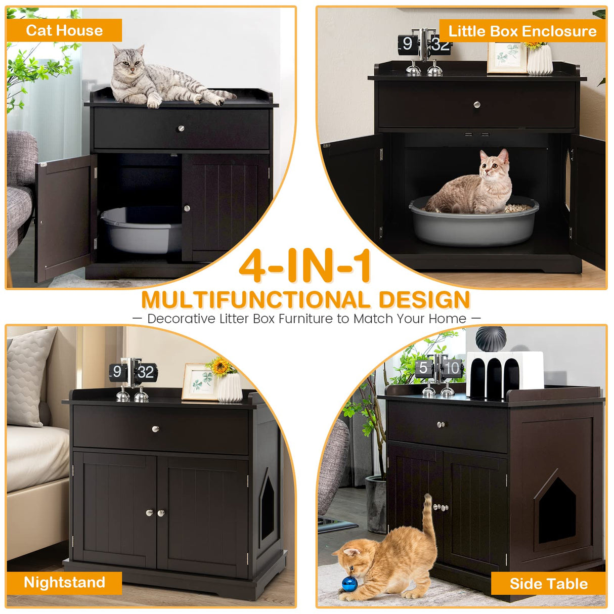 Tangkula Litter Box Enclosure, Cat Litter Box Furniture Hidden with Large Drawer, 2 Doors, Indoor Cat Washroom Storage Bench Side Table Cat House, Large Wooden Enclosed Litter Box Cabinet (Brown) Tangkula