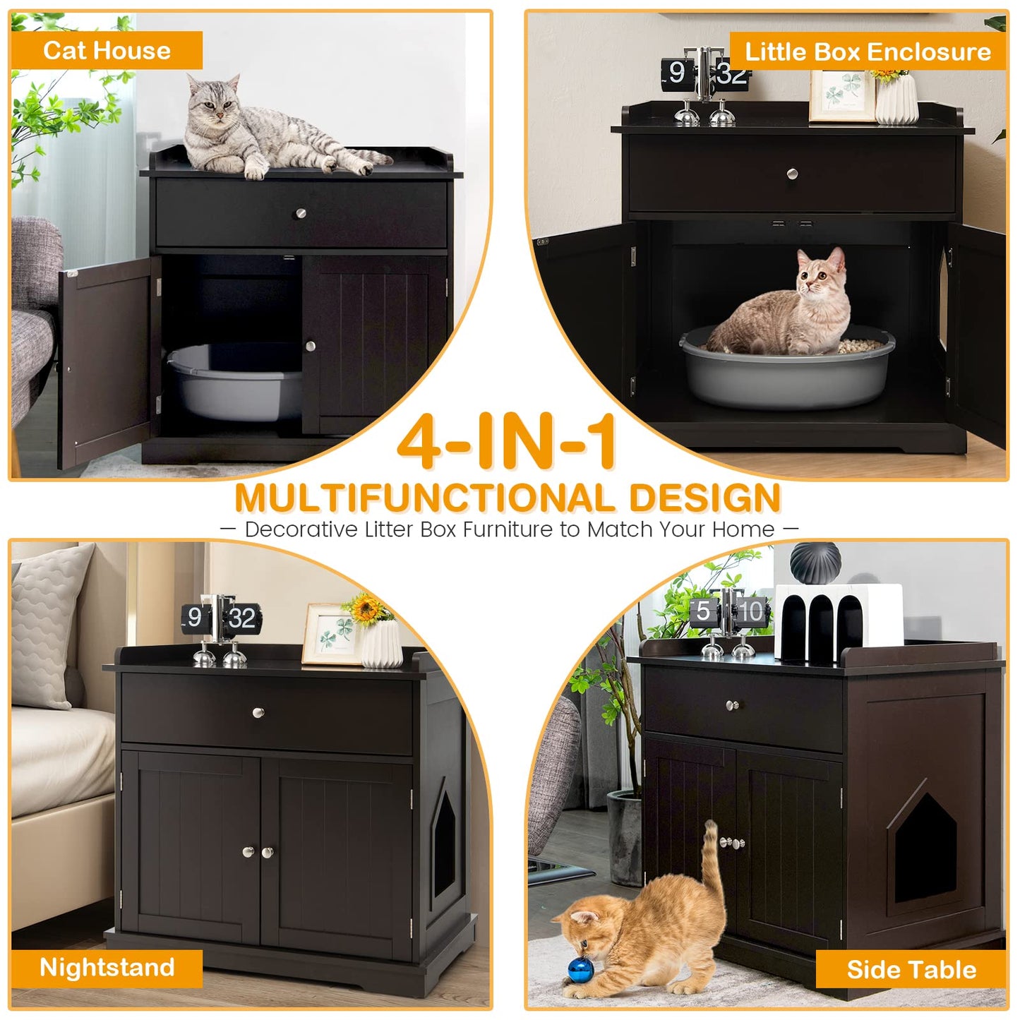 Tangkula Litter Box Enclosure, Cat Litter Box Furniture Hidden with Large Drawer, 2 Doors, Indoor Cat Washroom Storage Bench Side Table Cat House, Large Wooden Enclosed Litter Box Cabinet (Br - WoodArtSupply