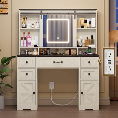 HAUOMS Farmhouse Makeup Vanity Desk with Sliding Lighted Mirror, Glass Top Vanity Desk with Power Outlet, Rustic Vanity Set, Antique White