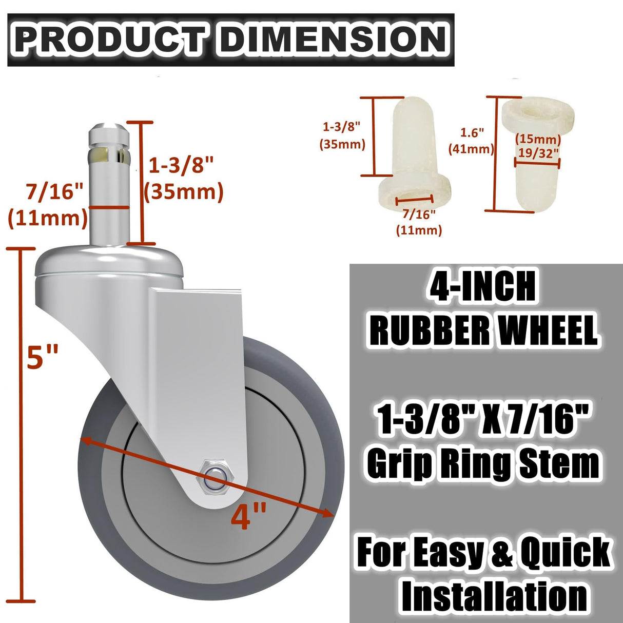 RILIDRI 4-Inch Swivel Stem Caster, 7/16-Inch Stem Diameter Rubber Wheel, Heavy Duty TPR Replacement Wheels for Rubbermaid Mop Bucket Cart Grill Casters - 4 Pack RILIDRI