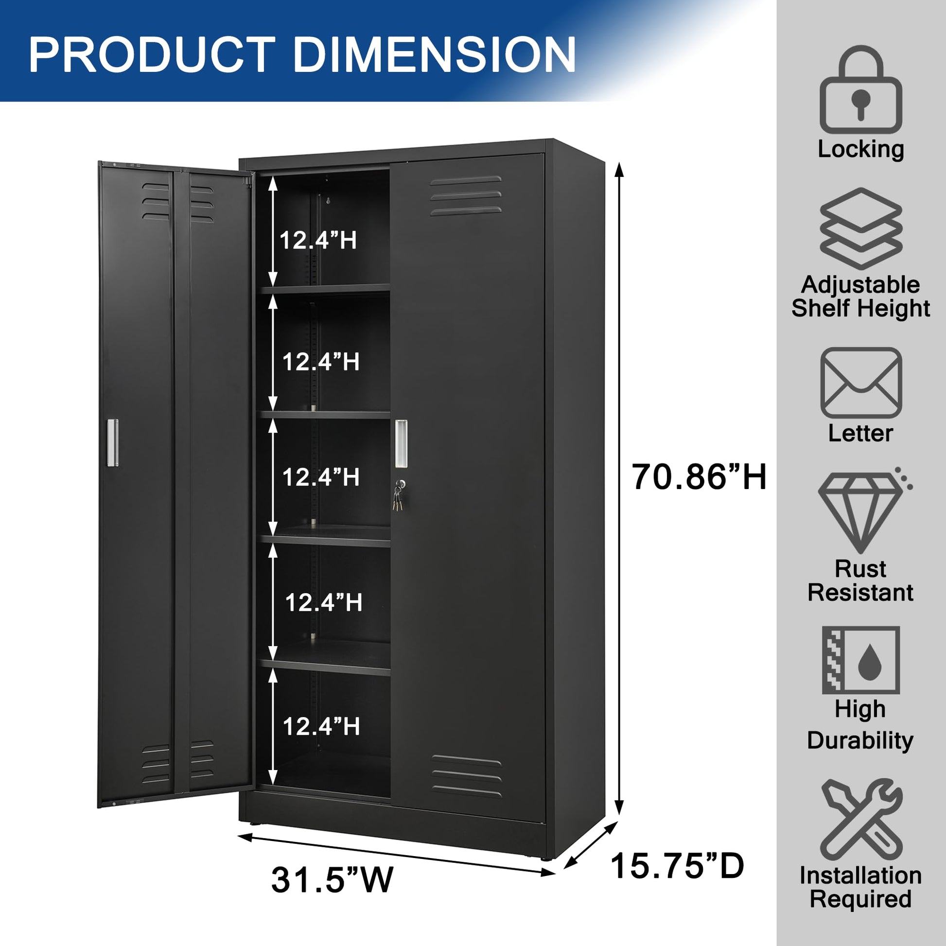 TaskStorz 71 Inch Metal Storage Cabinet with Locking Doors and Adjustable Shelves, Steel SnapIt Cabinet, Metal Garage Cabinet, Tool Cabinets for Office, and Home Use (Black) - WoodArtSupply