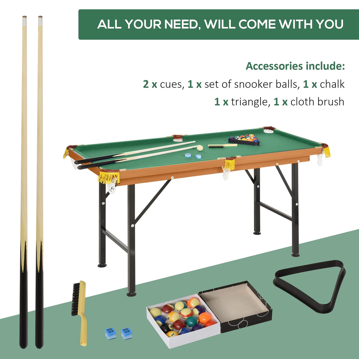 Soozier 55" Portable Folding Billiards Table Game Pool Table for Whole Family Number Use with Cues, Ball, Rack, Chalk, Green HOMCOM