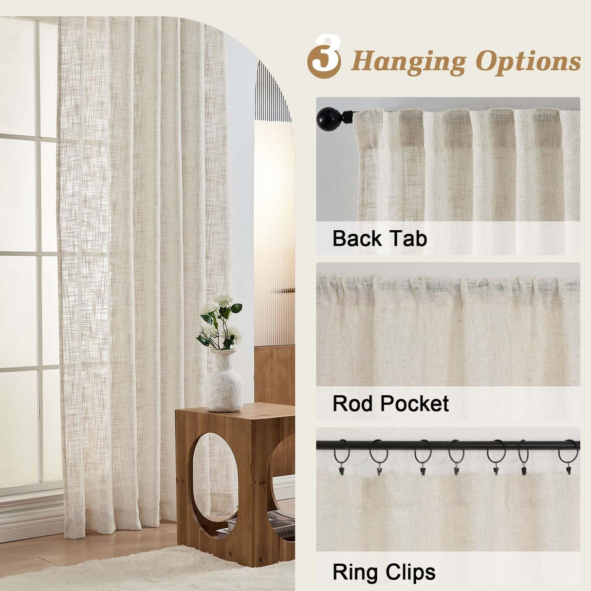 OWENIE Natural Linen Curtains 84 Inch Length 2 Panels Set for Living Room Bedroom, Thick Textured Burlap Linen Blend Light Filtering Boho Farmhouse Window Treatments with Back Tab Top, 52" W x 84" L OWENIE