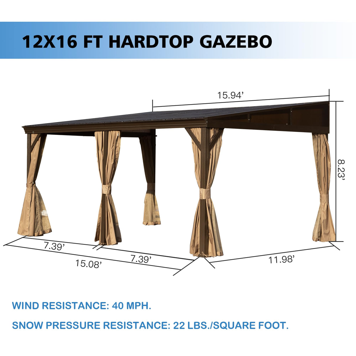 SHPAI 12’ x 16’ Lean to Gazebo, Outdoor Wall Mounted Gazebo Aluminum Frame, Hardtop Pergola with Galvanized Steel Sloping Roof for Patio Deck Garden Backyard, Curtain and Netting Included SHPAI