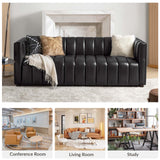 HULALA HOME 83" Genuine Leather Sofa with Channel Tufted Design, 3-Seater Sofa for Living Room Bedroom, Modern Oversized Couch with Wood Legs, Black HULALA HOME