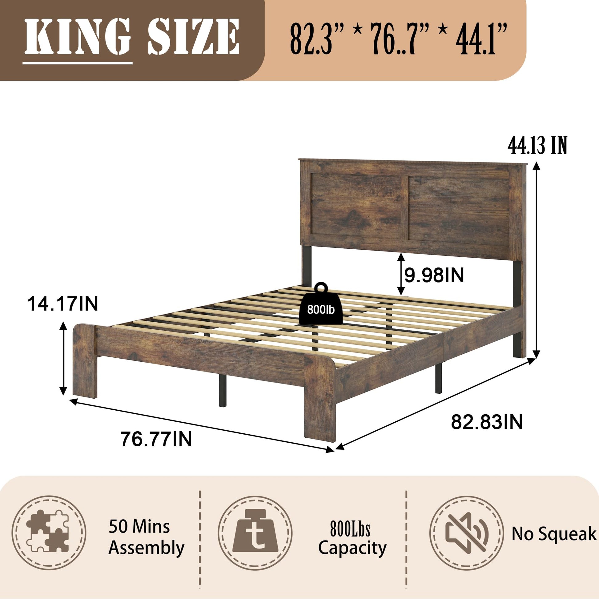 SAMTRA Rustic King Size Wooden Bed Frame with Headboard and Wood Slat Support - WoodArtSupply