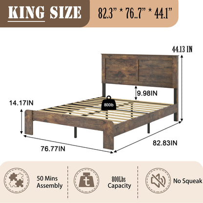 SAMTRA Rustic King Size Wooden Bed Frame with Headboard and Wood Slat Support - WoodArtSupply