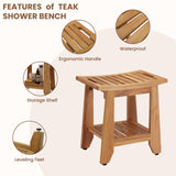 TEAKAURA Teak Shower Bench Stool, 14'' Compact Waterproof Wood Spa Bath Bench with Storage Shelf & Handle, Non-Slip Solid Teak Shower Seat Chair for Small Bathrooms Inside Shower and Outdoor Use TEAKAURA