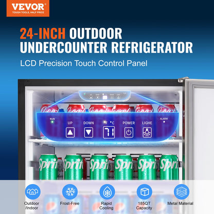 VEVOR Outdoor Refrigerator, 24-inch Undercounter Fridge, 185QT/175 Cans Built-in Beverage Cooler with 304 Stainless Steel Reversible Door, for Home Kitchen Commercial Use, Black