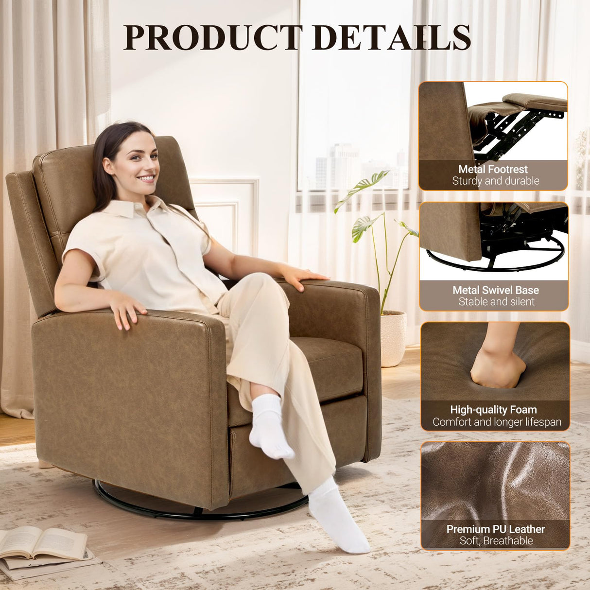 COLAMY Recliner Chair, PU Leather 360° Swivel Rocker Recliner, Nursery Glider Recliner with Ergonomic High Backrest and Upholstered Deep Seat for Living Room, Bedroom, Color Brown COLAMY