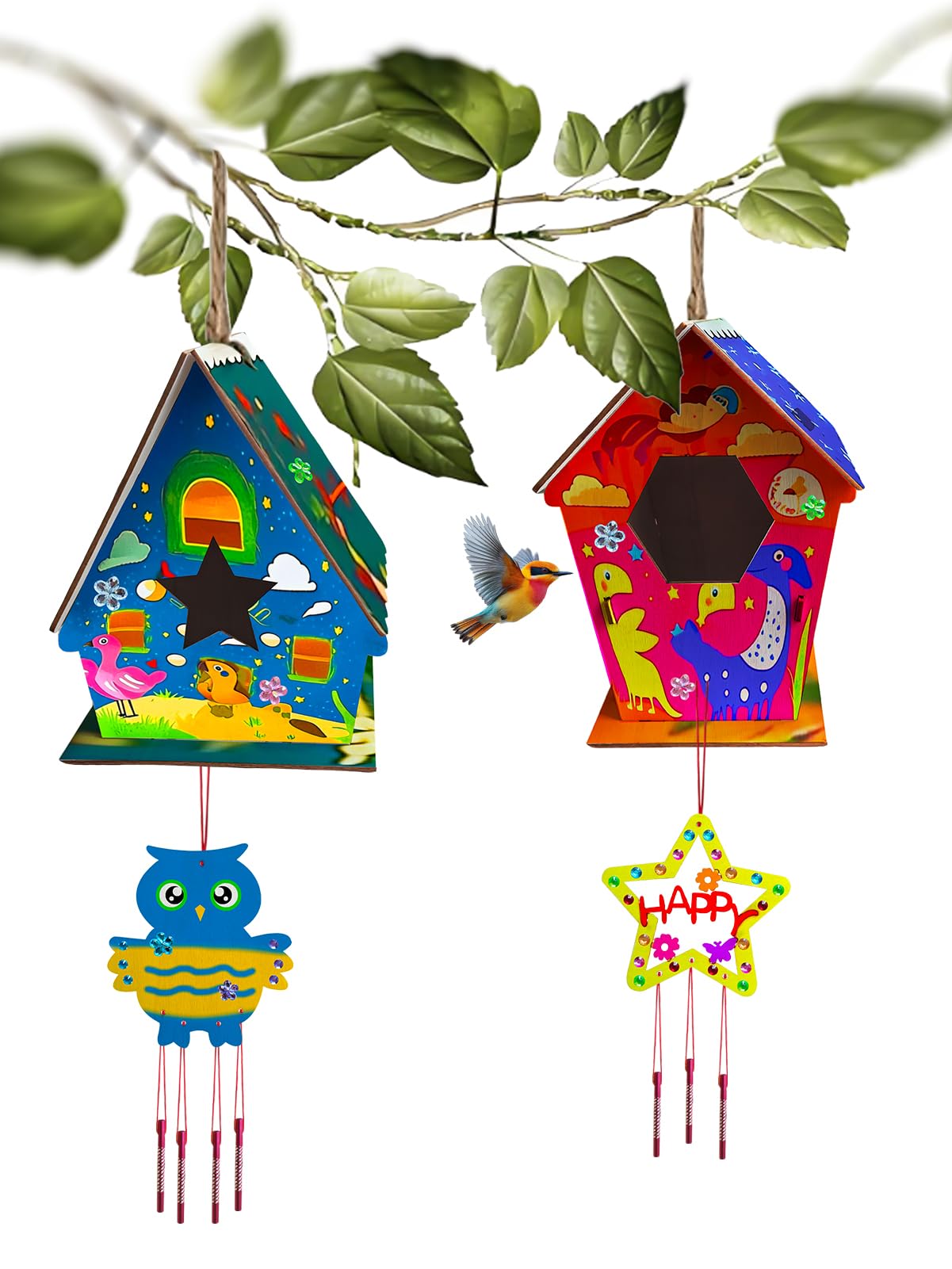 Nsoicrac Bird House Kits for Kids Ages 4-8build a Birdhouse kit for Kids, 4 Pack Birdhouse kit (Includes Paints & Brushes&Jewels and Wind Chimes) Bird House Kits for Kids Ages 8-12,Easter Crafts Nsoicrac