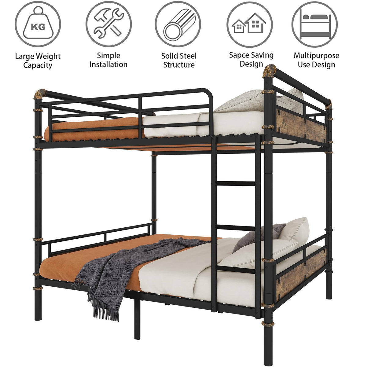 Duxelifin Queen Over Queen Metal Bunk Bed for Adults & Teens, Heavy-Duty Convertible Bunk Beds Queen Size Industrial Bunk Bed Frame with High Safety Rails and Ladders, No Box Spring Needed (Black) Duxelifin