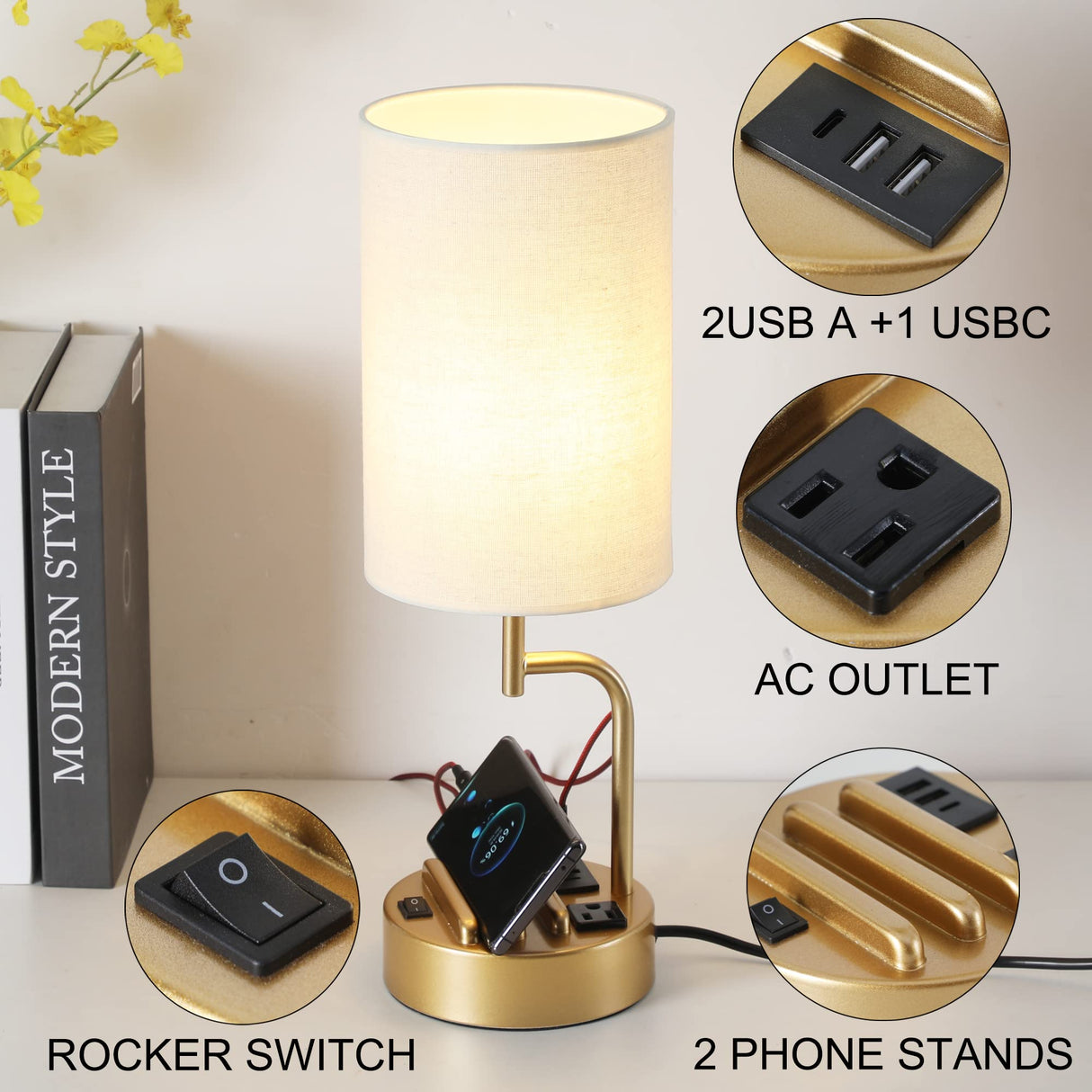 Dreamholder Table Lamp with 3 USB Charging Ports, Modern Desk Lamp with AC Outlet and Phone Stands, Perfect Bedside Lamp for Bedroom, Living Room, Office (Pack of 2), Gold Dreamholder