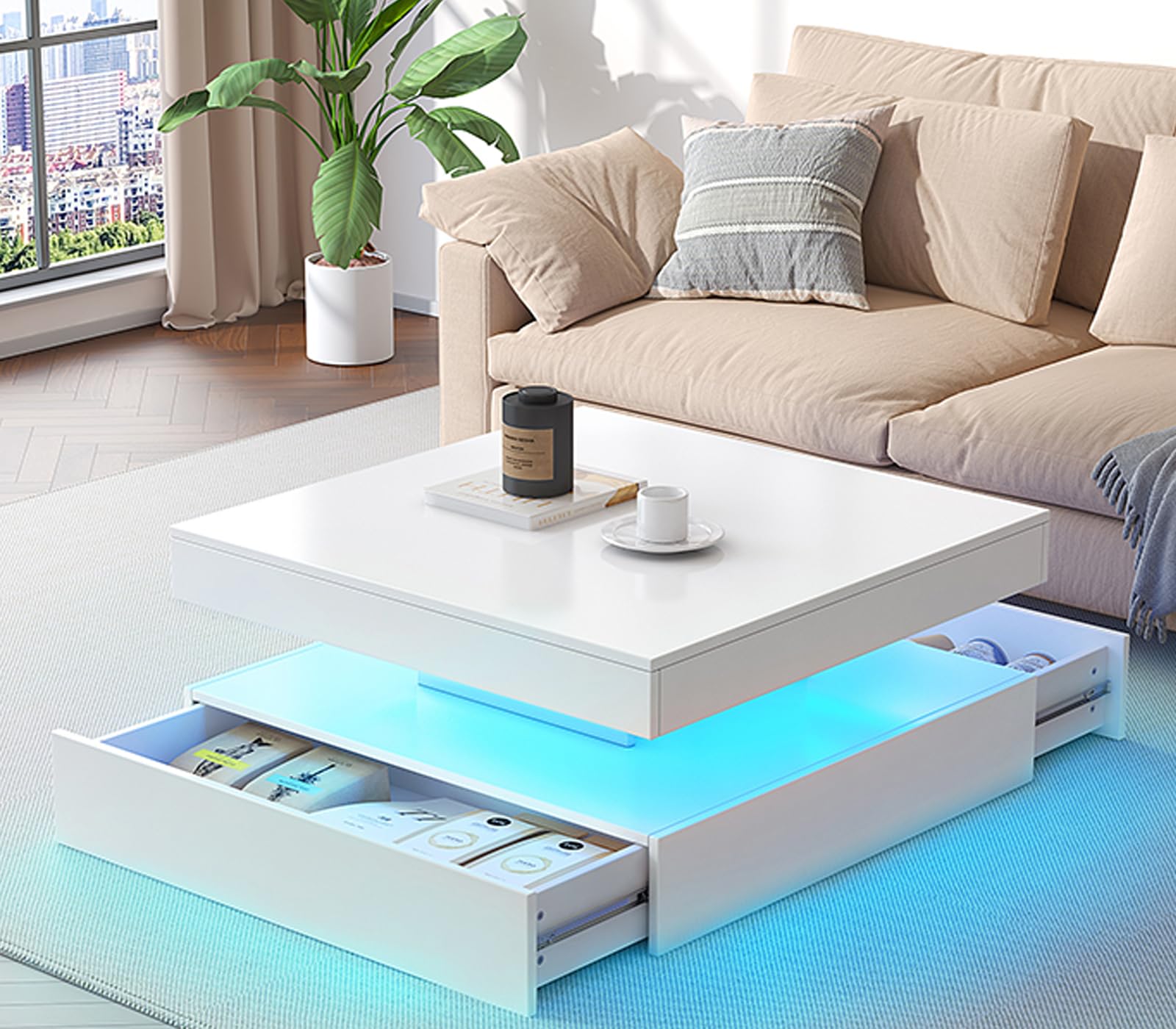 LED Coffee Table for Living Room with Storage - High Glossy Modern White Center Table with 2 Drawers, Square Wooden Middle Table with 16-Color Lights 31" x 31" x 14.6" (White) - WoodArtSupply