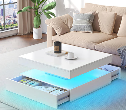 LED Coffee Table for Living Room with Storage - High Glossy Modern White Center Table with 2 Drawers, Square Wooden Middle Table with 16-Color Lights 31" x 31" x 14.6" (White) - WoodArtSupply