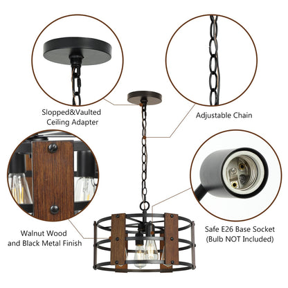 DLLT 4-Light Farmhouse Chandelier Light Fixtures Adjustable Height, Rustic Drum Pendant Light for Living Room, Dining Room, Bedroom, Foyers, Walnut Wood and Black Metal Finish, E26 Base