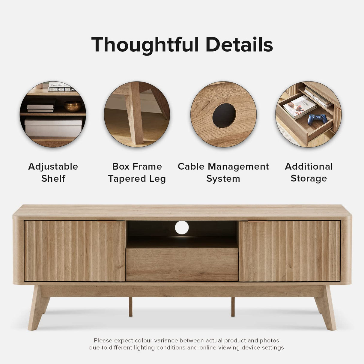 mopio Brooklyn Mid-Century Modern TV Stand, for TVs up to 50” Waveform Panel, Sleek Curved Profile with Adjustable Shelf and Sturdy Box Frame Leg (Golden Oak, 57") mopio