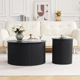 Fluted Round Nesting Coffee Table Set of 2, Mid Century Modern Wood Coffee Table and End Table Set, Minimalist Center Tables Circle Side Table for Living Room, Office(Black RUSTYER