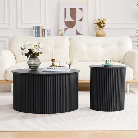 Fluted Round Nesting Coffee Table Set of 2, Mid Century Modern Wood Coffee Table and End Table Set, Minimalist Center Tables Circle Side Table for Living Room, Office(Black RUSTYER