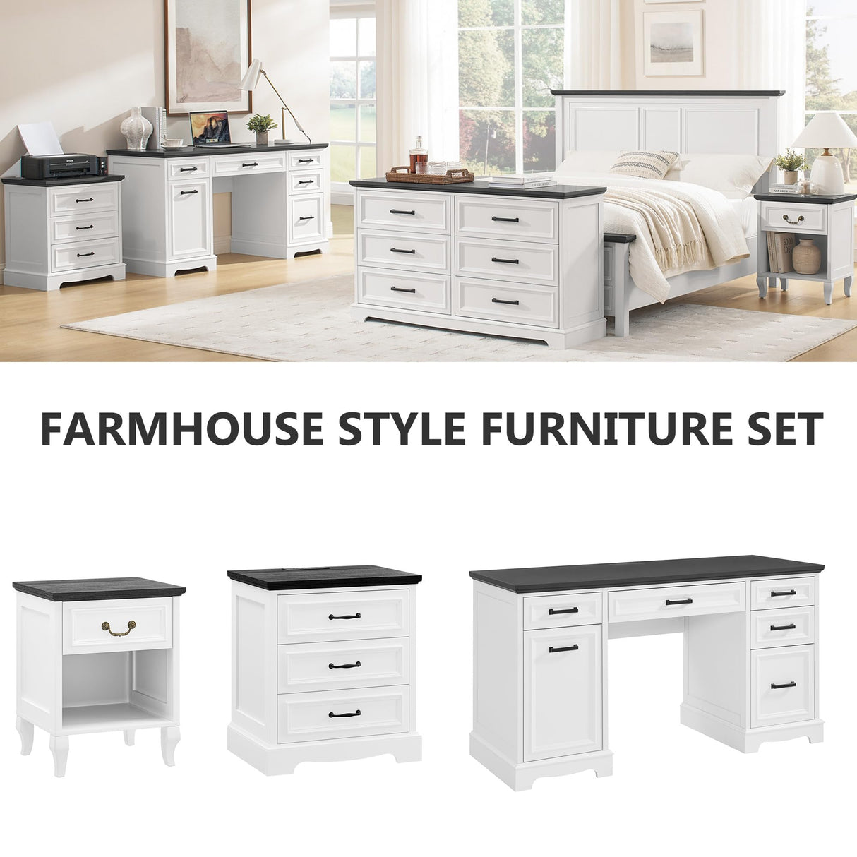 Farmhouse Executive Desk with Drawers and Charging Station,55.1" White Home Office Computer Desk with File Drawers Storage Cabinet, Morden Wood Table Study Workstation for Work Study Writing (White) Alohappy