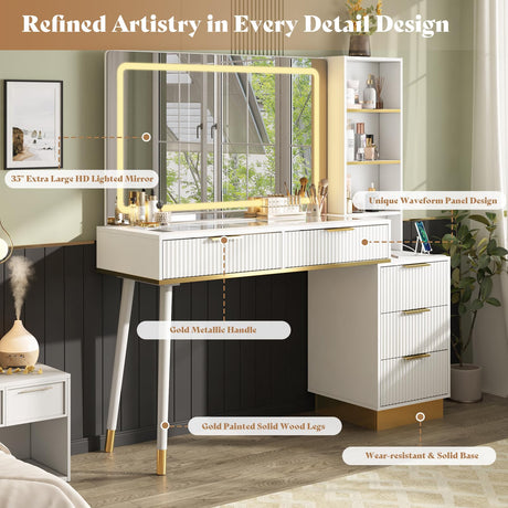 AMERLIFE 48" Vanity Desk with 35" Large Lighted Mirror, Big Modern Makeup Vanity Table with 5 Drawers & Shelves, Dressing Table with Charging Station/Glass Desktop/White AMERLIFE