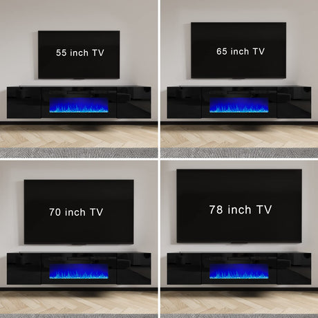 AMERLIFE Floating TV Stand with 36" Electric Fireplace, High Gloss Finish Wall Mounted Fireplace Entertainment Center with Storage for TVs Up to 78", Black AMERLIFE
