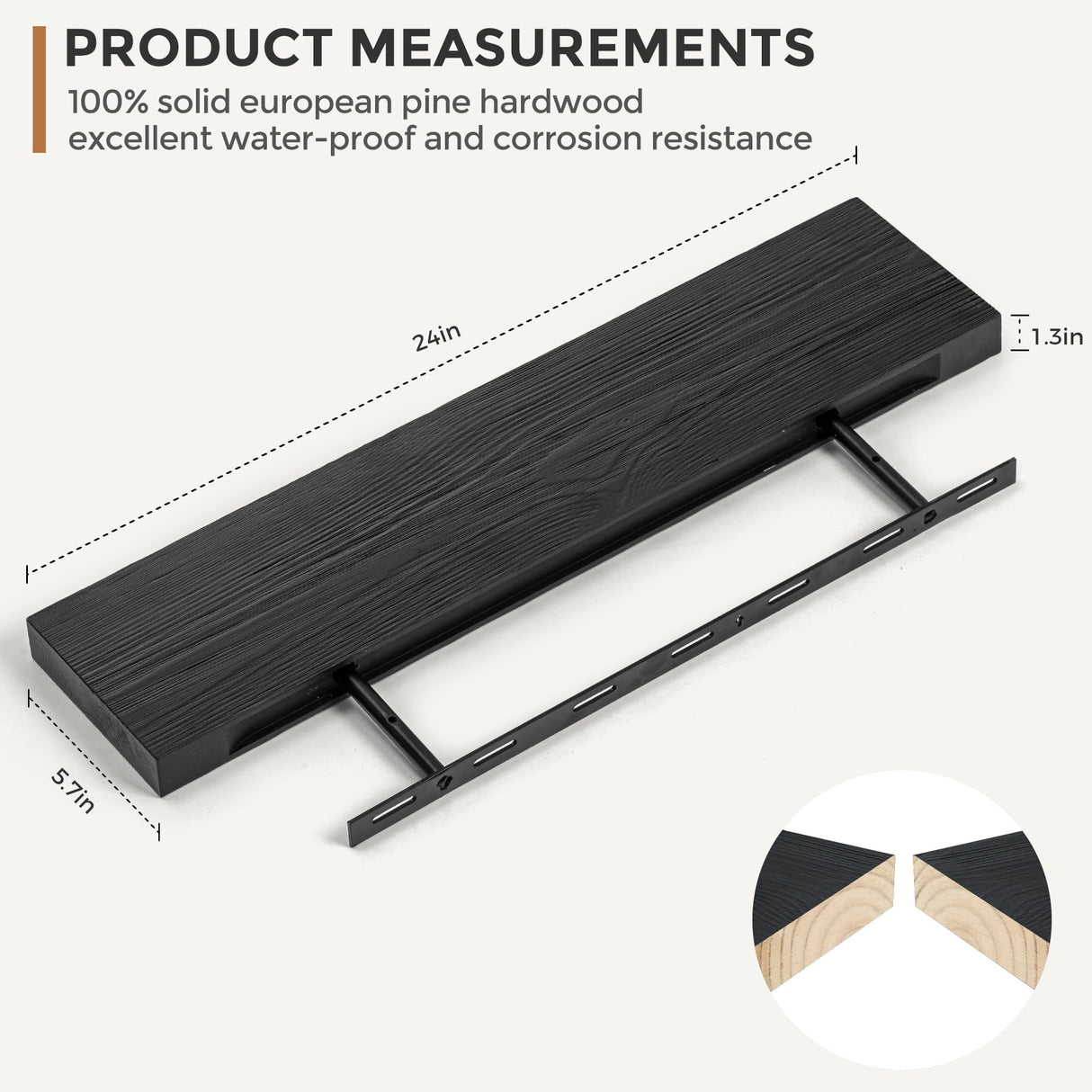 Fun Memories Handcrafted European Pine Floating Shelves - Natural Rustic Wooden Wall Shelf Set of 2-24 Inch Storage Shelf Display Shelf for Kitchen Bathroom Living Room Bedroom Farmhouse - Black Fun Memories