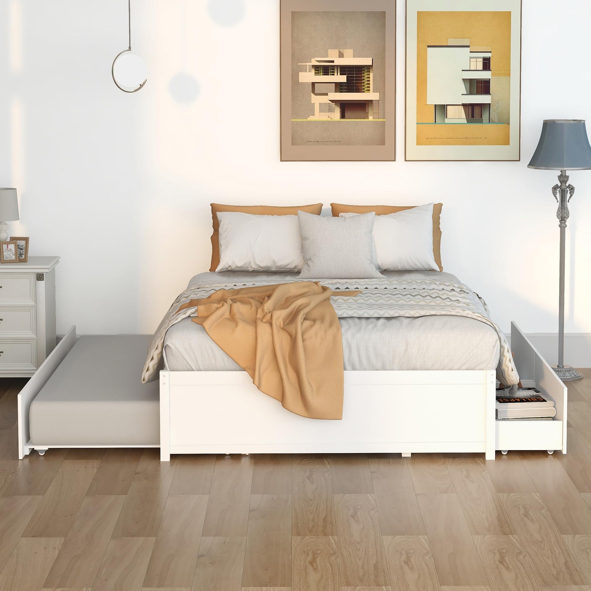 Bellemave White Full Size Bed Frame with Trundle and 2 Storage Drawers - WoodArtSupply